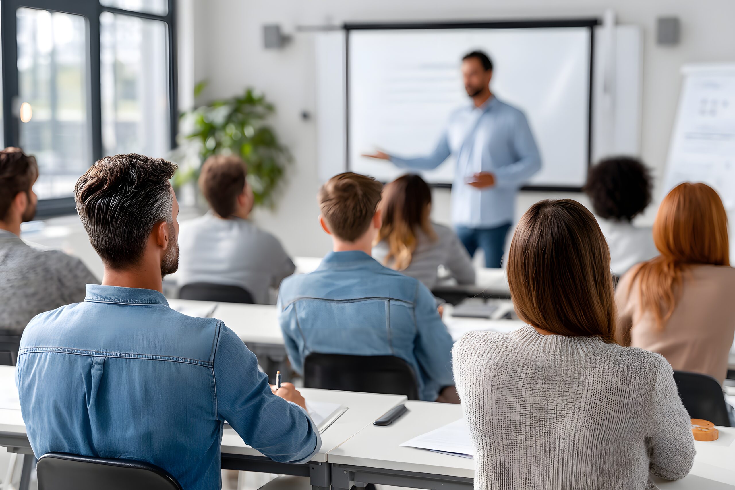 Teilnehmende hören aufmerksam einem Referenten in einem modernen Seminarraum zu.