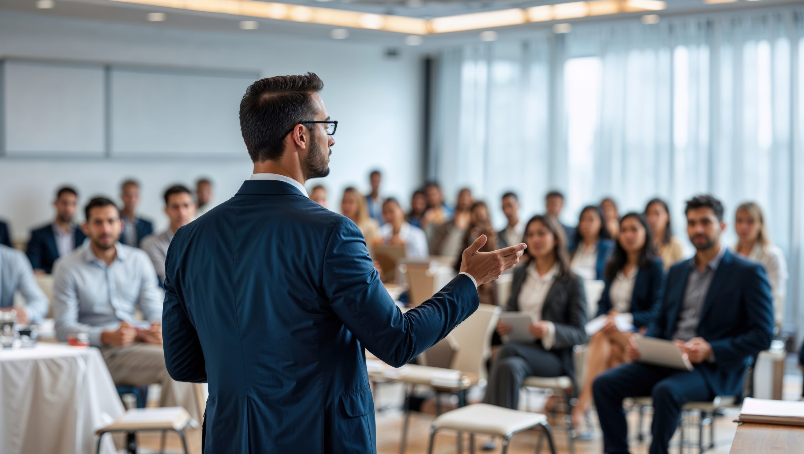 Referent spricht vor aufmerksamem Publikum bei Seminar.